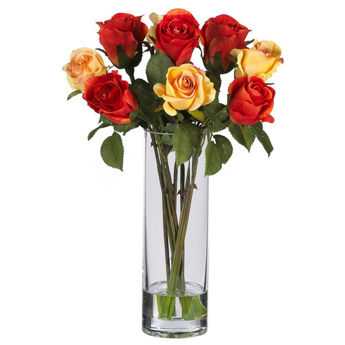16 Muli Colored Roses W Glass Vase 4740 By Nearly Natural