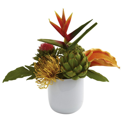 14 Tropical Floral Arrangement W White Glass Vase 4820 By Nearly Natural