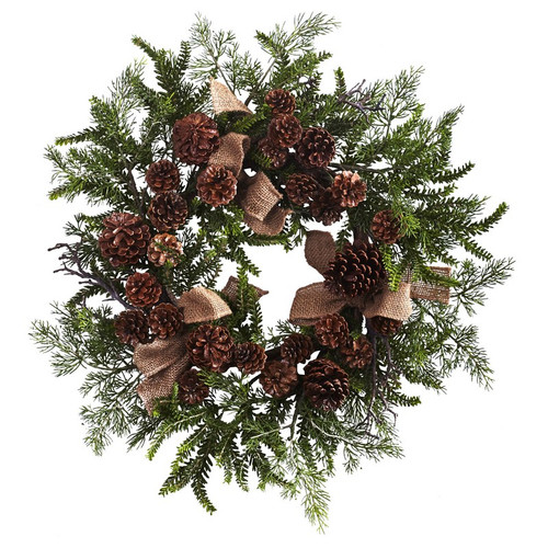 24 Pine Wreath W Burlap 4888 By Nearly Natural