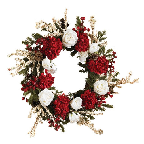 24 Hydrangea W White Roses Wreath 4899 By Nearly Natural