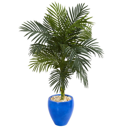 4 5 Golden Cane Artificial Palm Tree In Blue Oval Planter 5606 By Nearly Natural