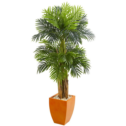 5 5 Triple Areca Palm Artificial Tree In Orange Planter 5669 By Nearly Natural