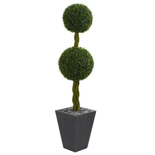 5 Double Boxwood In Slate Planter Uv Indoor Outdoor 5726 By Nearly Natural