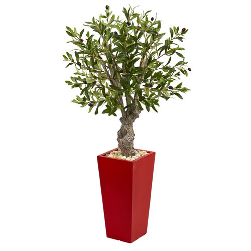40 Olive Artificial Tree In Red Tower Planter 5782 By Nearly Natural