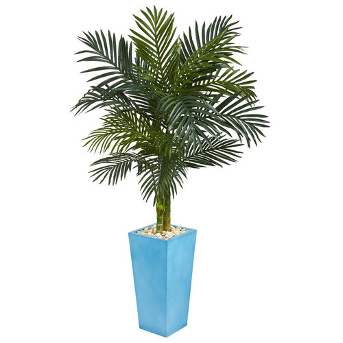 5 Golden Cane Palm Artificial Tree In Turquoise Tower Vase 5787 By Nearly Natural