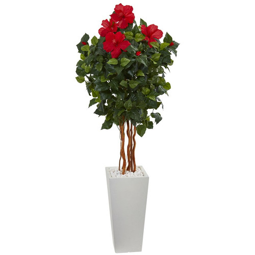 5 Hibiscus In White Tower Planter 5836 By Nearly Natural