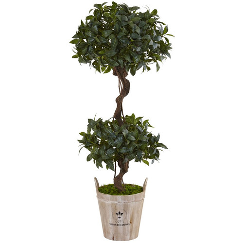 4 5 Sweet Bay Double Topiary Tree In Farmhouse Planter 5842 By Nearly Natural