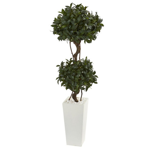 5 Sweet Bay Double Topiary In White Tower Planter 5865 By Nearly Natural