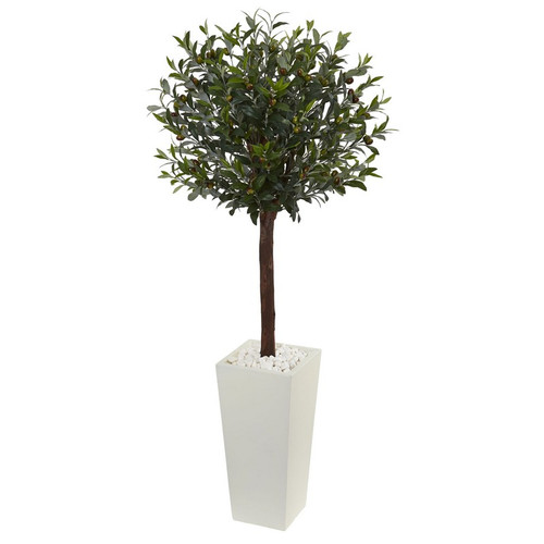 5 Olive Topiary Tree In White Tower Planter 5868 By Nearly Natural