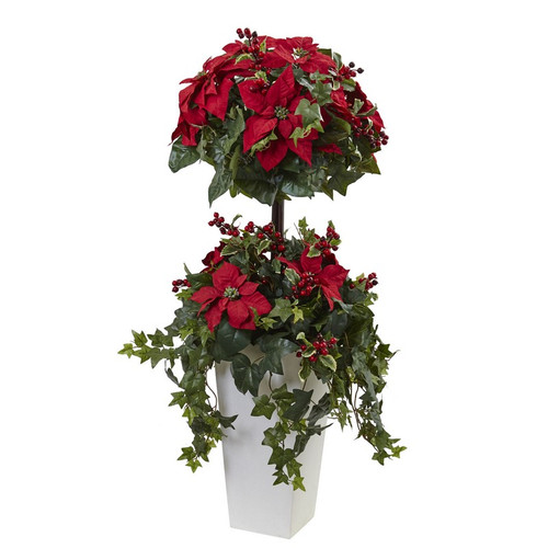 4 Poinsettia Berry Topiary W Decorative Planter 5941 By Nearly Natural