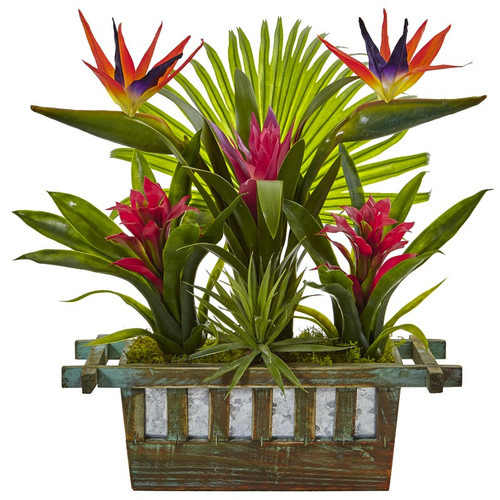 19 Birds Of Paradise And Bromeliad In Planter 6306 By Nearly Natural