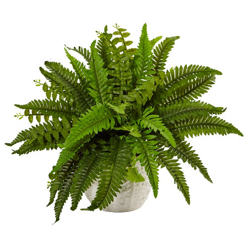 14 Boston Fern In White Planter 6308 By Nearly Natural