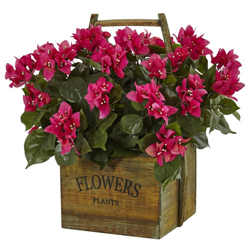 18 Bougainvillea In Rustic Wood Planter 6323 By Nearly Natural