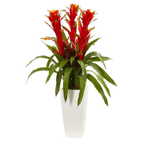 40 Bromeliad Plant In White Tower Planter 6397 By Nearly Natural