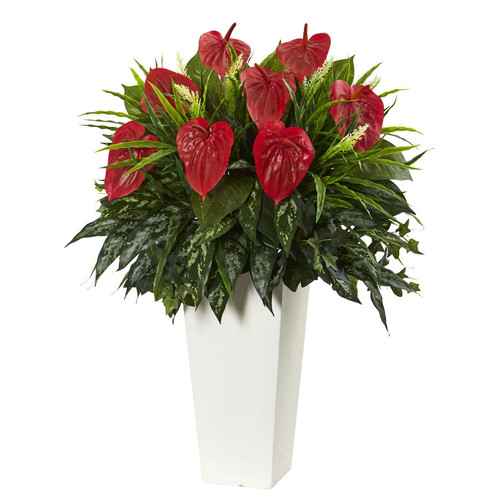 33 Mixed Anthurium Plant In White Tower Planter 6399 By Nearly Natural