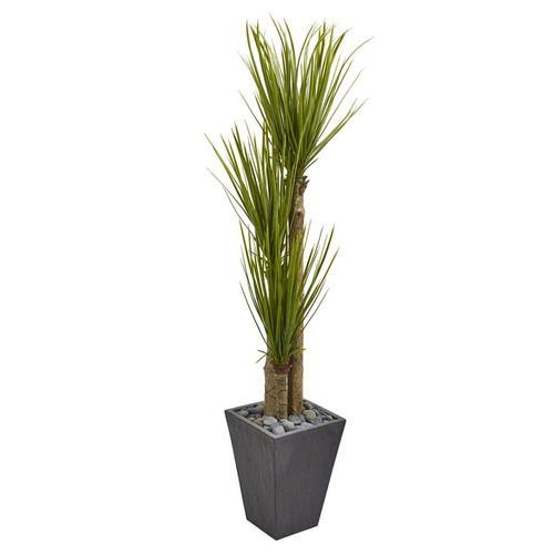 5 5 Triple Stalk Yucca Artificial Plant In Slate Planter 6432 By Nearly Natural