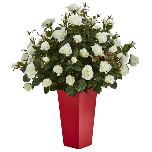 36 Rose Bush Artificial Plant In Red Planter 6448 By Nearly Natural