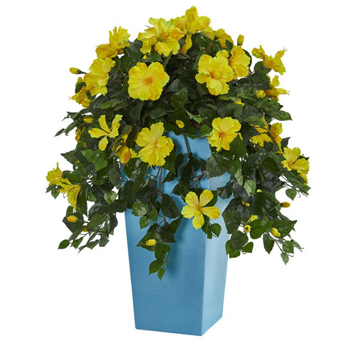31 Hibiscus Artificial Plant In Turquoise Planter 6449 By Nearly Natural