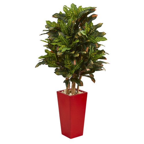 4 Croton Artificial Plant In Red Planter 6454 By Nearly Natural