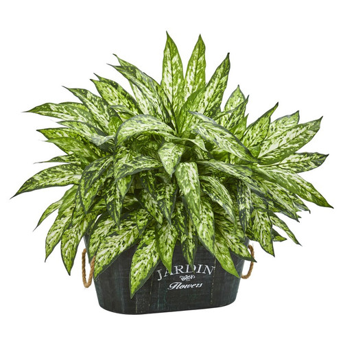 20 Aglonema Artificial Plant In Wood Planter 6463 By Nearly Natural