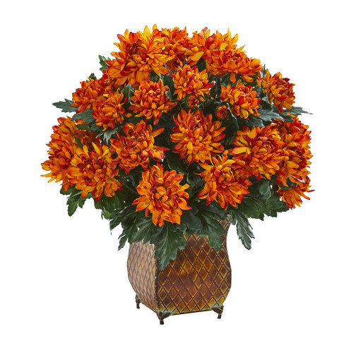 21 Spider Mum Artificial Plant In Metal Planter 6467 By Nearly Natural