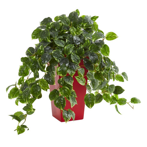 28 Pothos Artificial Plant In Red Planter Uv Resistant 6485 By Nearly Natural