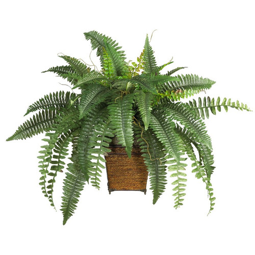 Boston Fern W Wood Wicker Basket 6549 By Nearly Natural