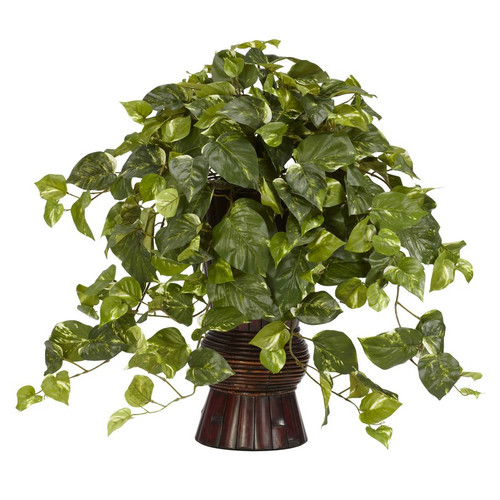 Pothos W Bamboo Vase Silk Plant 6646 By Nearly Natural