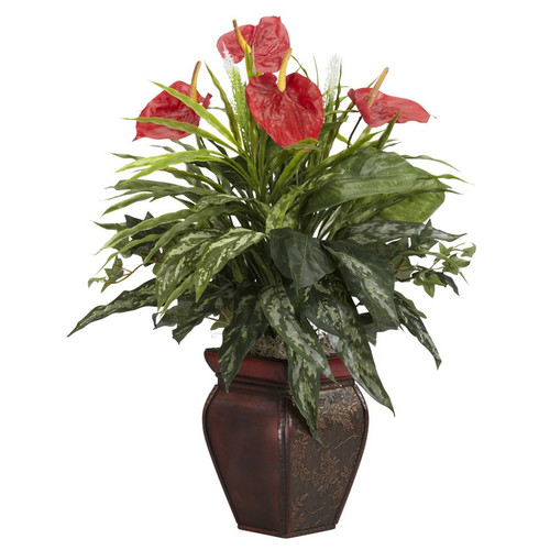 Mixed Greens Anthurium W Decorative Vase Silk Plant 6678 By Nearly Natural