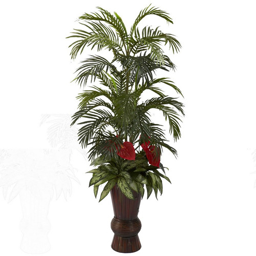 Areca Mixed Greens W Bamboo Planter 6722 By Nearly Natural
