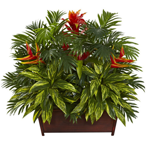 Tropical Garden W Wood Planter 6833 By Nearly Natural