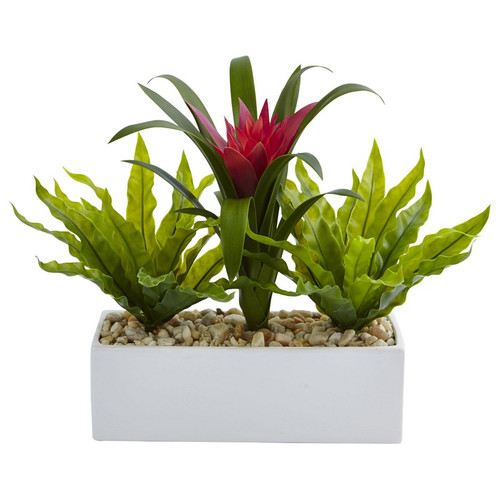 14 Bromeliad And Birdsnest In Rectangular Planter 6918 By Nearly Natural