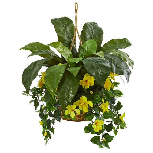 27 Birds Nest Hibiscus Artificial Plant Hanging Basket 8108 By Nearly Natural