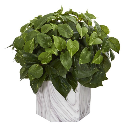 15 Pothos Artificial Plant In Marble Finished Vase 8133 By Nearly Natural