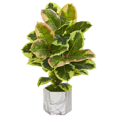 23 Rubber Leaf Plant In Marble Finished Vase Real Touch 8137 By Nearly Natural