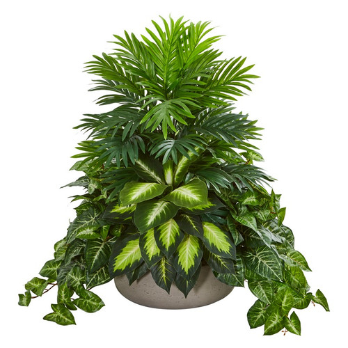 28 Mixed Greens Artificial Plant In Stone Planter 8151 By Nearly Natural