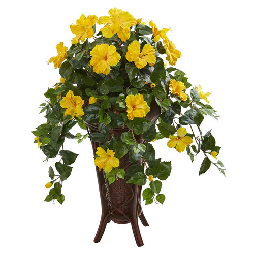 34 Hibiscus Artificial Plant In Stand Planter 8181 By Nearly Natural