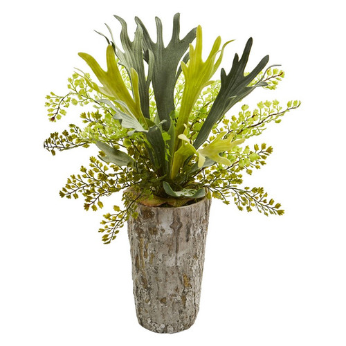 19 Staghorn And Maiden Hair Fern Plant In Weathered Vase 8271 By Nearly Natural