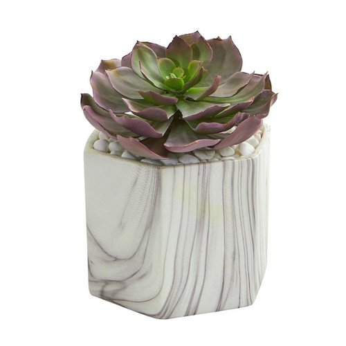 8 Echeveria Succulent Artificial Plant In Marble Vase 8304 By Nearly Natural