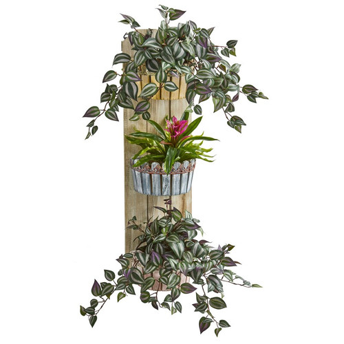 39 Bromeliad And Wandering Jew Plant In Wall Planter 8355 By Nearly Natural
