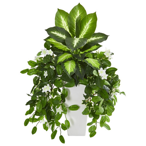 27 Stephanotis And Dieffenbachia Plant In White Planter 8362 By Nearly Natural