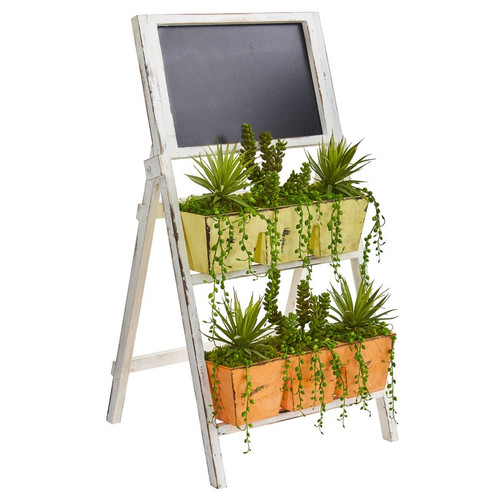 31 Succulent Garden In Farmhouse Stand With Chalkboard 8385 By Nearly Natural