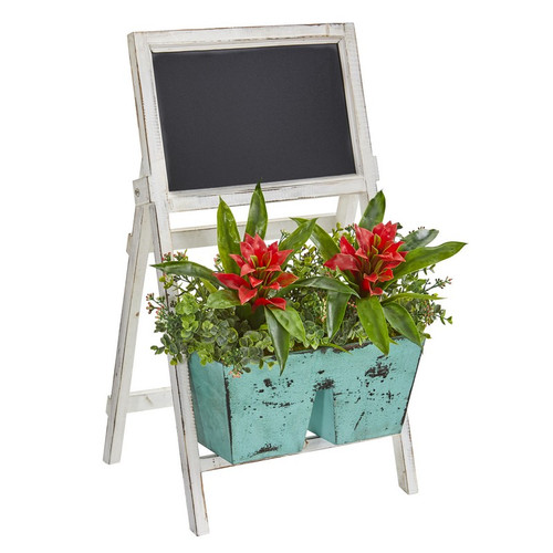 26 Bromeliad And Eucalyptus Plant In Stand With Chalkboard 8387 By Nearly Natural