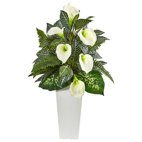 3 Calla Lily And Mixed Greens Plant In White Vase 8429 By Nearly Natural