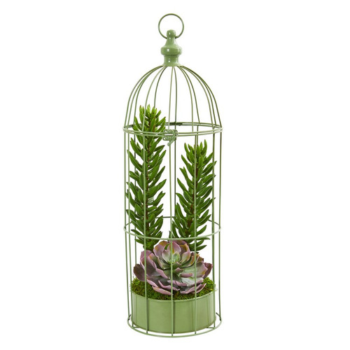 24 Succulent Garden Artificial Plant In Decorative Cage 8466 By Nearly Natural