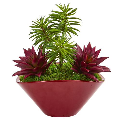 11 Succulent Garden Artificial Plant In Burgundy Vase 8470 By Nearly Natural