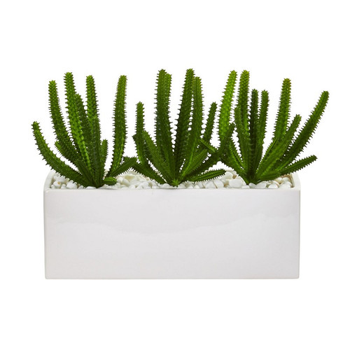 11 Finger Cactus Artificial Plant In White Vase 8511 By Nearly Natural