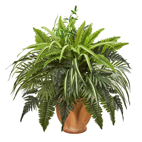 23 Mixed Greens And Fern Plant In Terra Cotta Planter 8519 By Nearly Natural