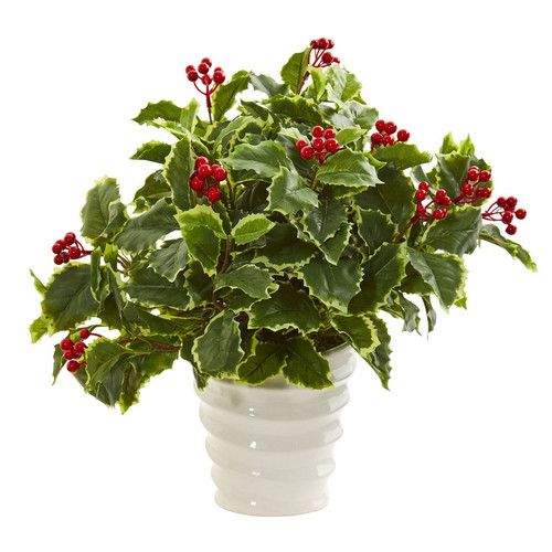 16 Holly Artificial Plant In White Vase Real Touch 8529 By Nearly Natural