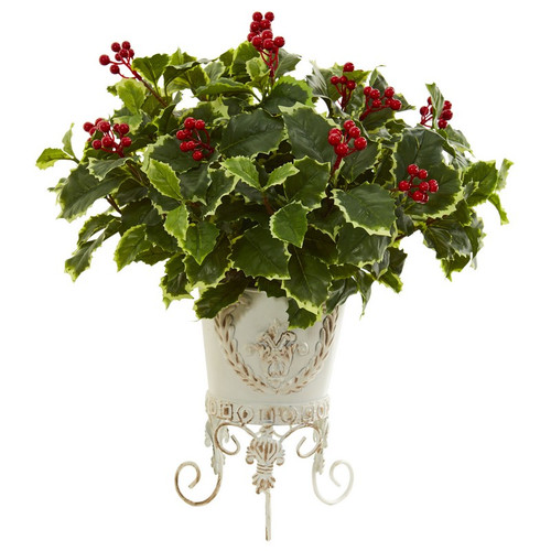 19 Variegated Holly Lant In Metal Planter Real Touch 8530 By Nearly Natural